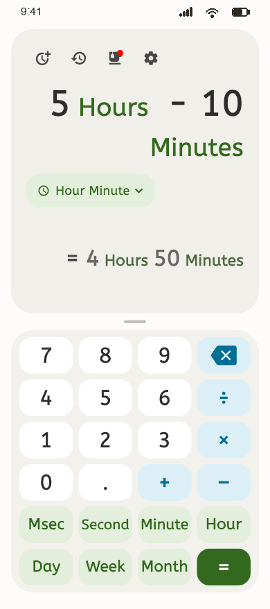 Time Calculator app showing 5 Hours minus 10 Minutes equals 4 Hours 50 Minutes above a keypad of time-unit keys