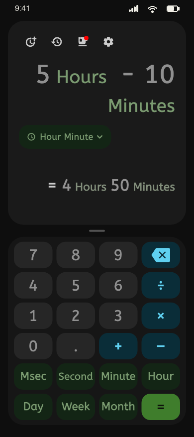Time Calculator app shown in its dark theme