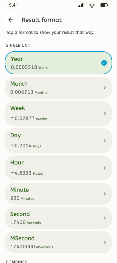 Result format screen listing the same duration as years, months, weeks, days, hours, minutes, seconds and milliseconds