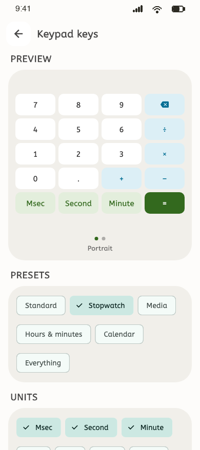 Keypad keys settings with a live preview and presets including Standard, Stopwatch, Media, Calendar and Everything